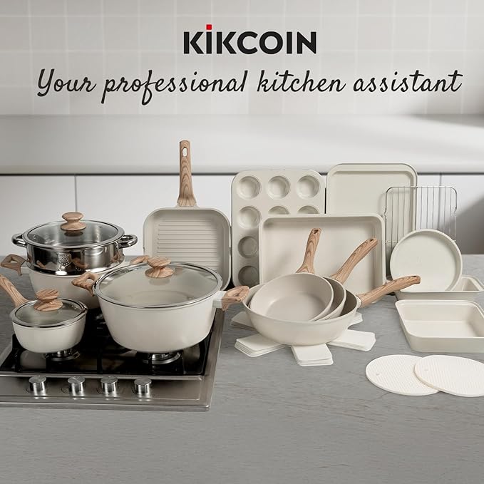 Kikcoin Pots and Pans Set Non Stick 31 Piece Kitchen Nonstick Cooking Cookware Sets with Grill Pan Saucepan Baking Sheet Utensil Cream White