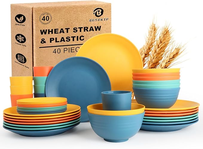 Wheat Straw Dinnerware Sets 40 PCS| Plates and Bowls Sets for 8 Unbreakable Dinner Plate Dessert Plates Cereal Bowl Drinking Cups Microwave Safe Dishes Set for Kitchen Outdoor - Multi