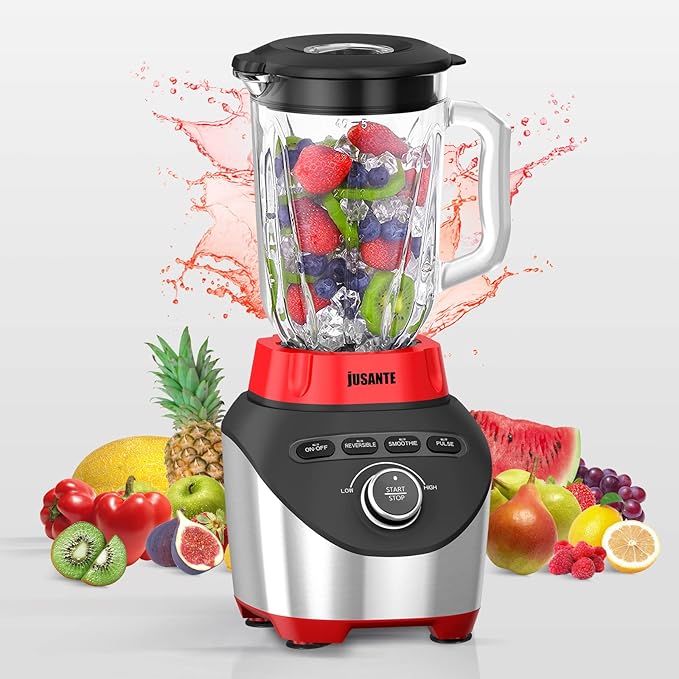 Blender Countertop Blender for Smoothies with 64 oz Glass Jar Kitchen 1200 Watts High Speed Juicer Blender Ice Crusher for Shakes Frozen Drinks (Red)