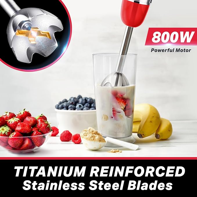 Mueller Multistick 800W 5-in-1 Immersion Blender Handheld 12 Speed Hand Mixer - Turbo Boost Heaviest Duty Copper Motor Titanium Blades Hand Blender Milk Frother Wand Red Kitchen Accessories