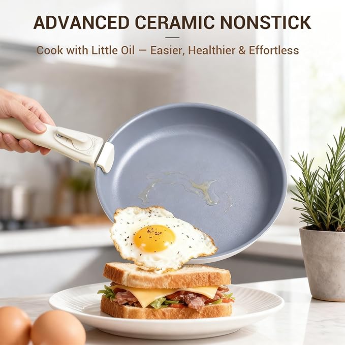 Ammeloo Ceramic Pots and Pans Set Non Stick Non Toxic Cookware Set with Removable Handles 18 Pcs Healthy Kitchen Cooking Set Induction Ready Dishwasher &amp Oven Safe PFAS PFOA &amp PTFE Free