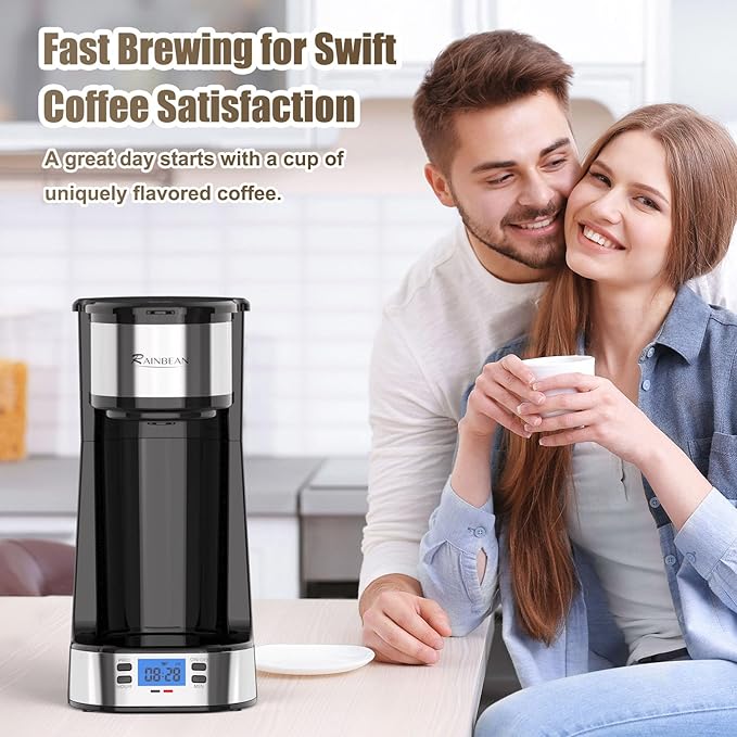 RAINBEAN Single Serve Coffee Maker Programable Single-Serve Brewers Timer Auto Start/Off 14 Oz Single Cup Coffee Machine For Ground Coffee 700W Quick Brewing Perfect Gifts for Coffee Lovers