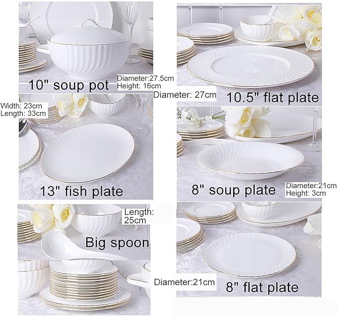 56 Pieces Dinnerware Set White Porcelain Kitchen Fine Bone China Dinner Set with Cereal Bowls Dinner Plate Dessert Plate Deep Soup Plates Fish Plate Dishes Soup Pot