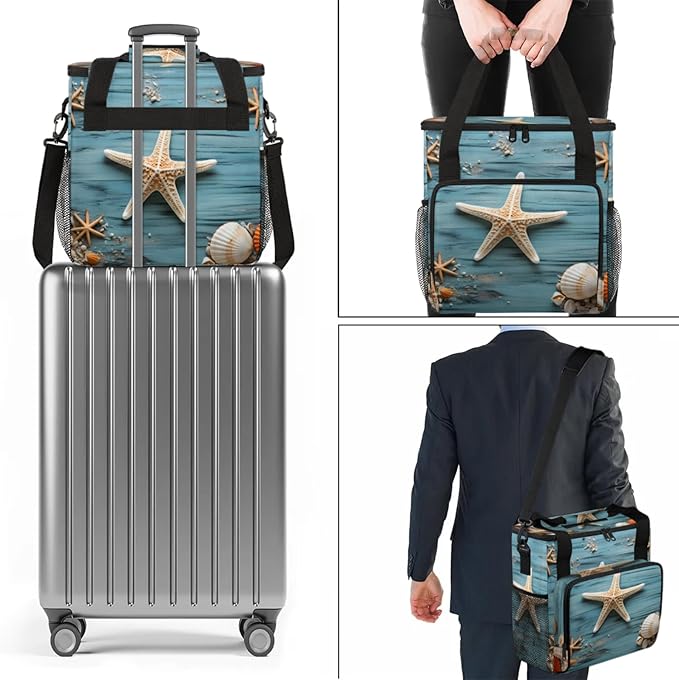 Seashell Starfish Themed Coffee Maker Travel Bag for Keurig K-Mini/K-Mini Plus Insulated Waterproof Tote with Pockets for K-Cup Portable Single-Serve Brewer Case