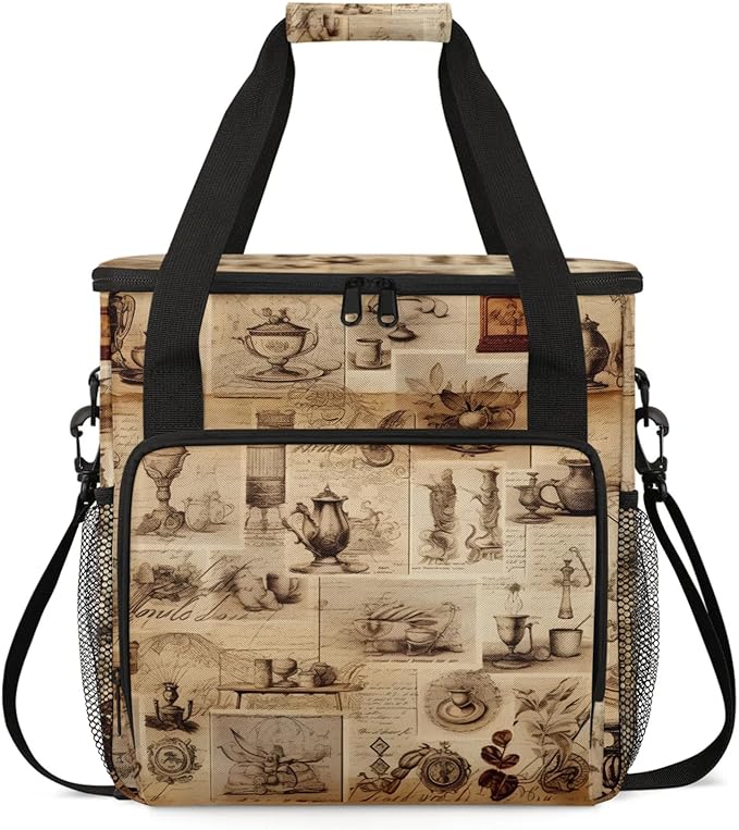 Retro Coffee Coffee Maker Travel Bag for Keurig K-Mini/K-Mini Plus Insulated Waterproof Tote with Pockets for K-Cup Portable Single-Serve Brewer Case