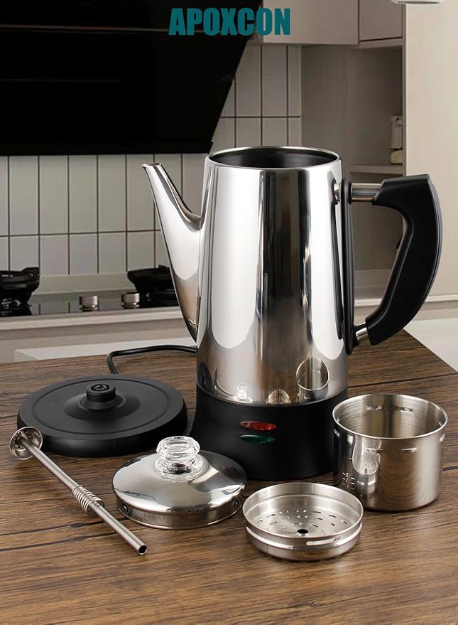 Electric Coffee Percolator Stainless Steel Coffee Maker with Two Heat Resistant Tough Glass Clear Brew Progress Knob Classic Look Keep Warm &amp Cordless Serving Coffee Pot 12 Cup