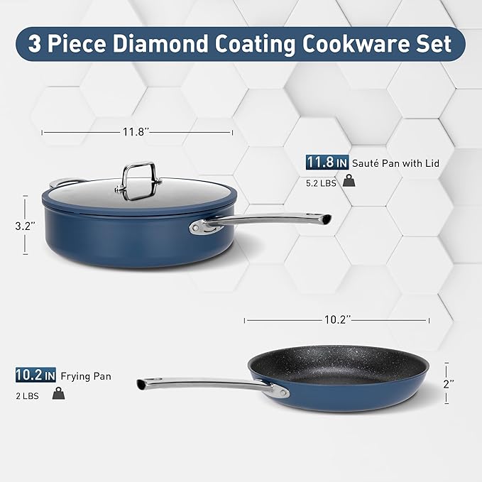 DishDelight Pots and Pans Set Nonstick Nonstick Frying Pan 10 Inch Fry Pan 12 Qt Ceramic Saute Pan with Glass Lid Induction Cookware Set Added Plasma Diamond Blue