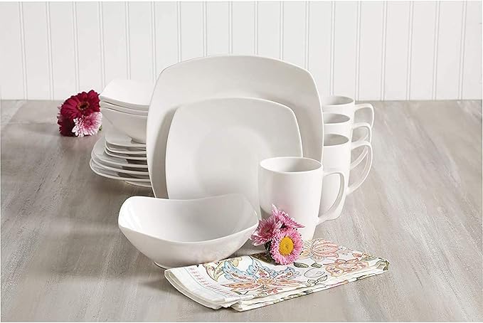 Gibson Home 102539.16RM Classic Porcelain Zen Buffet 16 Piece Square Dinnerware Set with Multi Sized Plates Bowls and Mugs White (2 Pack)