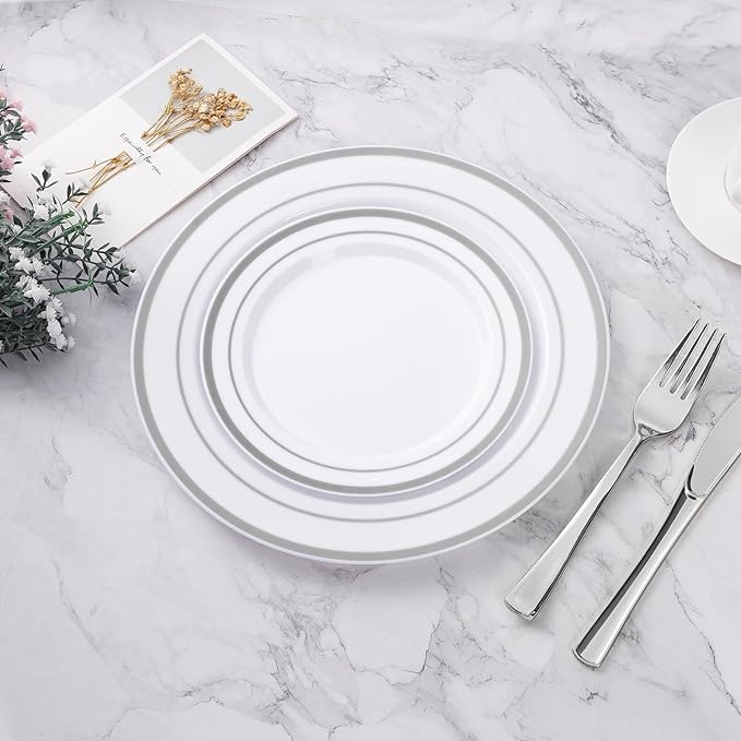BESTVIP 200PCS Silver Plastic Plate Disposable Party Plates with 100 Dinner Plates and 100 Dessert Plates Plastic Plates for Party Wedding and Birthday