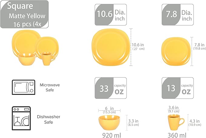 Stoneware Square 16pc Dinnerware Set Matte Yellow