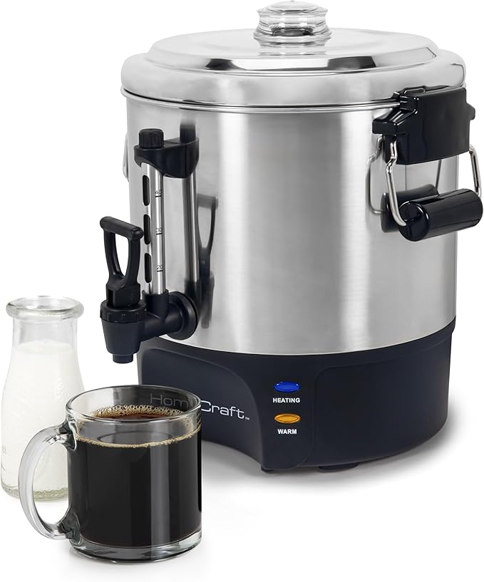 Homecraft 40-Cup Beverage Urn – Quick Brew Stainless Steel Coffee Maker – Drip-Free Spout Reusable Filter – For Events Parties Large Gatherings – Stainless Steel