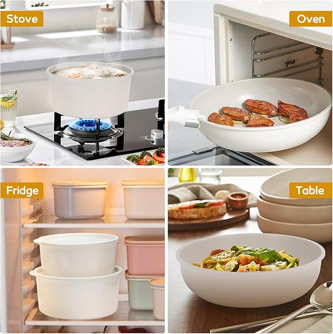 20 Piece Ceramic Pots and Pans Set Non Stick Cookware Set with Detachable Handles Oven Safe Induction Ready Stackable RV Kitchen Cooking Set Cream White