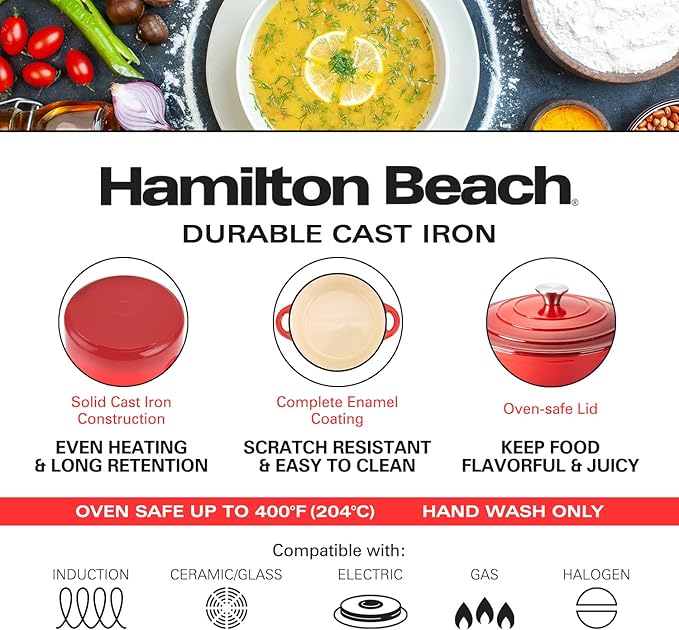 Hamilton Beach Enameled Cast Iron Dutch Oven 5.5-Quart Red Cream Enamel Dutch Oven Pot with Lid