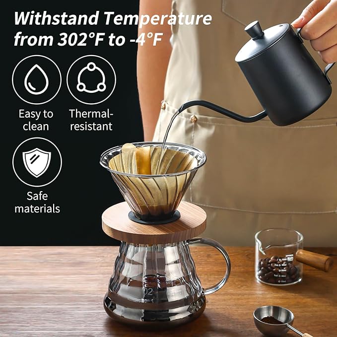 Unbreakable - Pour Over Coffee Maker 720ML/24OZ Heat Resistant Borosilicate Glass Dripper with Filter Holder BPA-Free Manual Coffee Brewer for Home and Office Use
