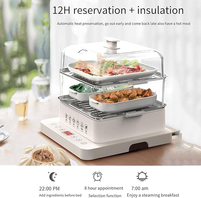 Foldable Food Steamer Electric Rice Cookers with Stackable Baking on 3 Levels Hot Food Warmer with Visual Panel 12 Hours Automatic Heat Preservation (With 500*Baking Paper) 40L