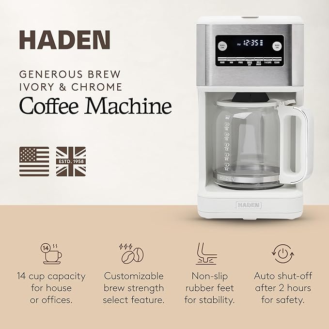 HADEN Generous Brew 14 Cup Coffee Maker with 120 Minute Keep Warm Delay Brew Adjustable Strength Programmable Clock and Anti Drip Ivory/Chrome