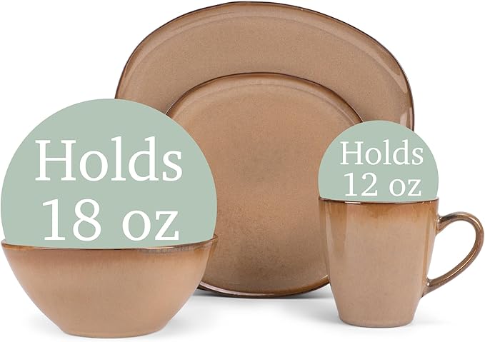 Elanze Designs 16-Piece Modern Luxury Chic Smooth Vintage Handmade Shape High Gloss Ceramic Stoneware Square Plate Mug &amp Bowl Kitchen Dinnerware 16 Piece Set - Service for 4 Brown