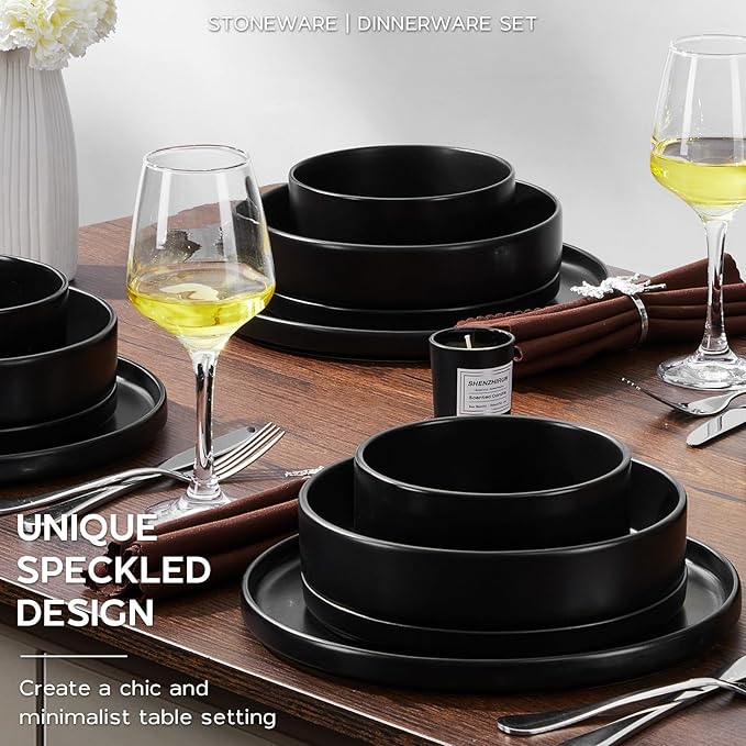 Onader 16 Piece Dinnerware Sets with Serving Bowls for 4 Kitchen Cooking Utensils Set with Holder 15 Pcs Silicone Spatula Set- Black