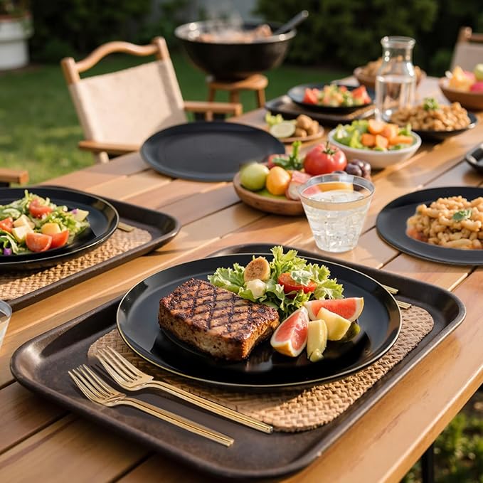 bUCLA 150PCS Black and Gold Plastic Plates - Black Gold Plastic Dinnerware Set Disposable - Include 25 Dinner / 25 Dessert Plates 25 Knives 25 Forks 25 Spoons 25 Cups Ideal for Party &amp Birthd