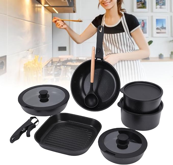 Pssopp Pots and Pans Set Aluminum Nonstick Cookware Set with Detachable Handle Dishwasher Safe for Kitchen Cooking