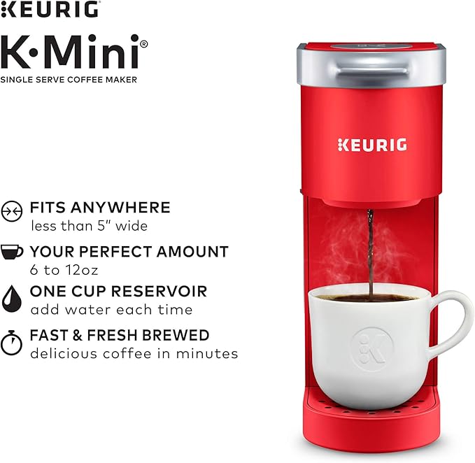 Keurig K-Mini Single Serve K-Cup Pod Coffee Maker Poppy Red &amp 3-Month Brewer Maintenance Kit Includes Descaling Solution Water Filter Cartridges &amp Rinse Pods 7 Count