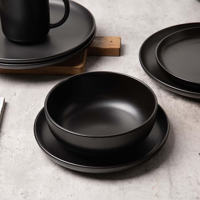Plates and Bowls Sets 12 Pieces Stoneware Dinnerware Sets with Mugs Stackable Matte Glaze Kitchen Stoneware Plates and Bowls Set for 3 Microwave and Dishwasher Safe(Black)