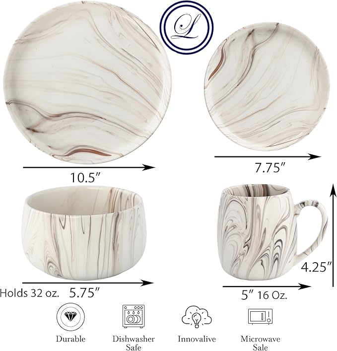 Marble Pattern Dinnerware Set 16 Piece Ceramic Dishes and Mugs Modern Swirl Design Beige and Brown