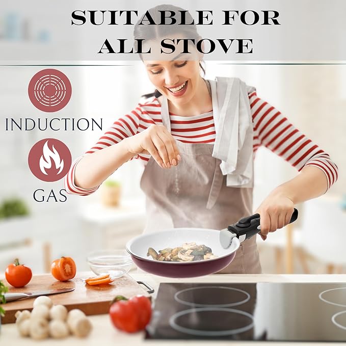 Moss &amp Stone Aluminum Pots And Pans Set Nonstick Removable Handle Cookware Stackable Pots And Pans Set Dishwasher safe Induction Pots And Pans Camping Cookware Set (5 Pcs Burgandy)
