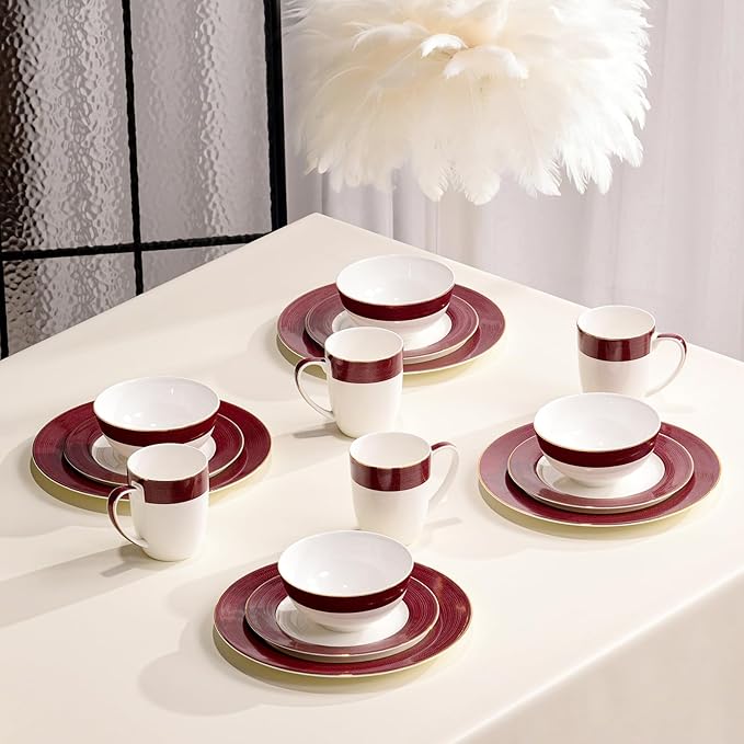 16-Piece Fine Bone China Dinnerware Set Dinner PlatesBowls and Mugs Set Dishware Set for 4 With Selected Christmas Premium Red and Green pattern White Embossed Spot Ornament and Gold Rim