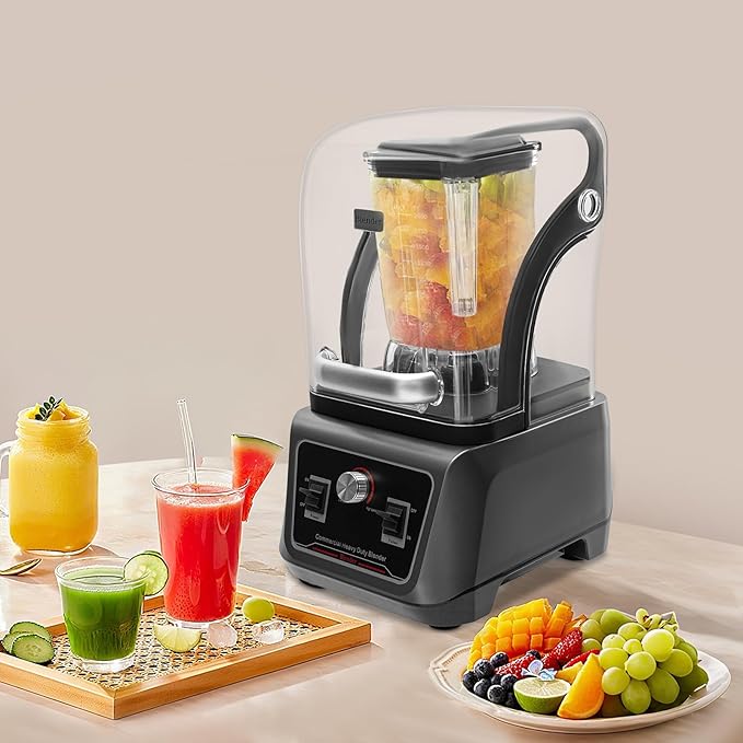 Commercial Blender With Shield Quiet Sound Enclosure 2200W Professional Heavy Duty Countertop Blender 67.6oz Quiet Soundproof ShieldSelf-Cleaning Mixing Rod Included Grey