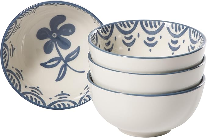 Bloomhouse - 2-Time Oprah’s Favorite Things - Valencia Flor 4 Piece 6” Cereal Bowl Set Stoneware Bowls Mediterranean Floral Decal Design Microwave &amp Dishwasher Safe Iris Blue