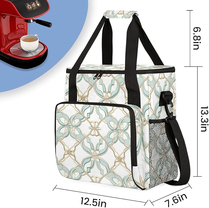 Green Mandala Coffee Maker Carrying Bag Ethnic Aztec Travel Storage Bag Compatible with K-Mini or K-Mini Plus Single Serve Coffee Brewer Carrying Case with Multiple Pockets &amp Shoulder Strap