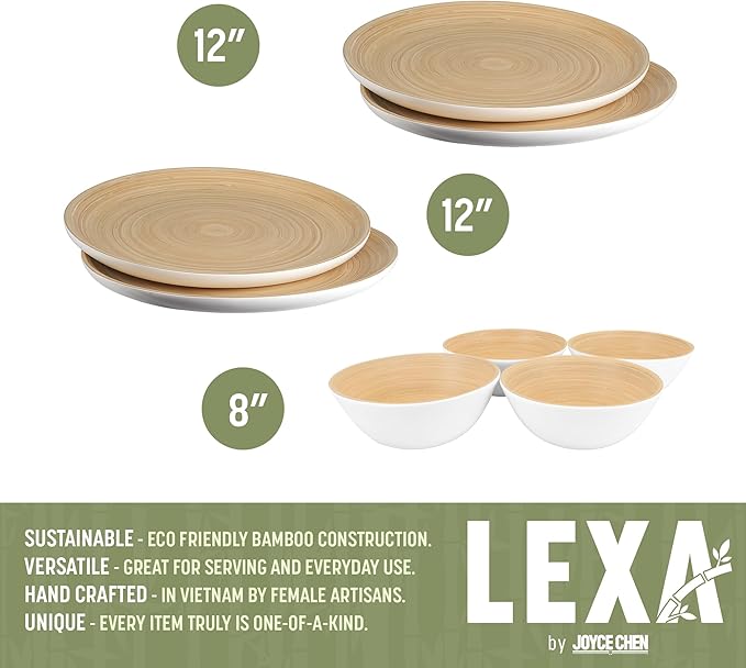 LEXA 8-Piece Handcrafted Bamboo Plate &amp Bowl Set Four 12” Serving Plates and Four 8” Bowls Spun Bamboo Dinnerware for Everyday Meals Entertaining &amp Home Décor (White)