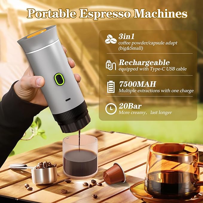 Portable Coffee Maker Espresso Machine for camping Travel Coffee Maker with USB-C 3-in-1 Small Espresso Machine with Ground Coffee &amp Capsules (NS＆DG) for RV Hiking Office(Silver)