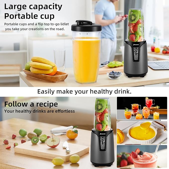 Panana Blender for Smoothies 850W Portable Personal Blender and Grinder Combo with 2x20oz Portable Smoothie Cups with To-Go Lids 6.8oz Coffee CupStainless Steel