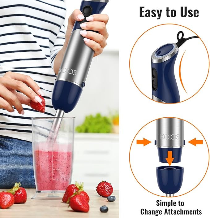 KOIOS 5-in-1 Hand Immersion Blender 12 Speed Adjustable Emulsifier Handheld Blender 1000W Copper Motor Stainless Steel Blade Hand Mixer with attachments Blue