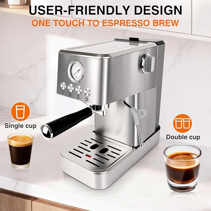 Sorgente 20 Bar Espresso Machine Stainless Steel Coffee Maker with Milk Frother 1350W Fast-Heating for Home Cappuccino &amp Latte Visible Pressure Gauge Silver