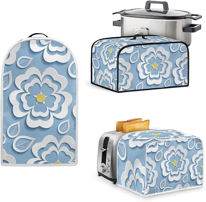 Blue Floral 2 Slice Toaster Cover Set Bread Toaster Blender and Slow Cooker Dust and Fingerprint Protection Machine Washable Kitchen Decor