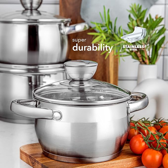 FLORINA Pot set OLIVER | 4-piece set | Stainless steel 18/0 | Tempered glass lids | Suitable for induction gas electric ceramic | Dishwasher safe | Complete set for all stoves