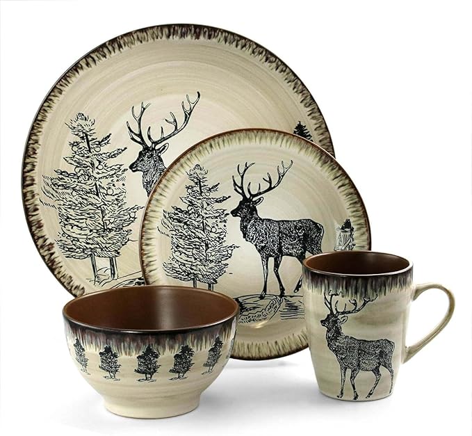 16-Piece Green Stoneware Dinnerware Set – Retro Round Plates and Bowls for 4 Microwave &amp Dishwasher Safe Elegant Rustic Tableware (Lemon)