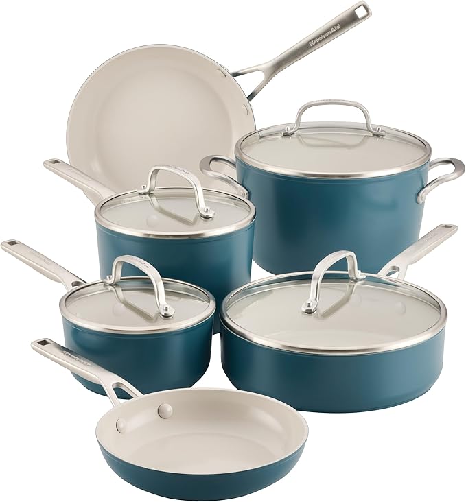 KitchenAid Hard Anodized Ceramic Induction Pots and Pans Dishwasher Safe Includes Saucepans Stockpot Sauté Pan Frying Pans/Skillets and Lids 10 Piece Cookware Set - Agave Blue