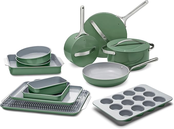 Caraway 23-Piece Nonstick Ceramic Cookware &amp Bakeware Set – Pots Frying Pans Lids Baking Sheets Pans Cooling Rack &amp Storage – Oven Safe Non-Toxic – Compatible with All Stovetops - Sage