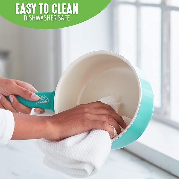 GreenLife Soft Grip Healthy Ceramic Nonstick Cookware Set 7 10 and 12 Frying Pan Skillets 1QT and 2QT Saucepans with Lids PFAS &amp PFOA-Free Dishwasher Safe Turquoise