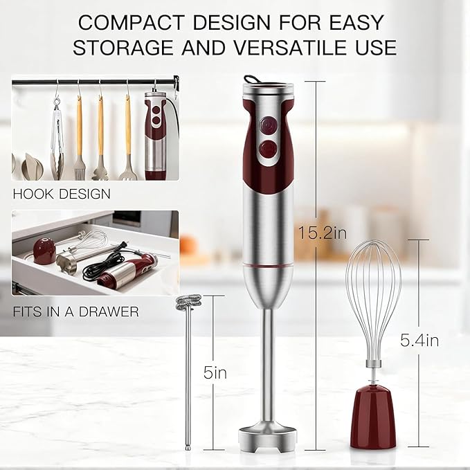 Megawise 3-in-1 Hand Blender – 12-Speed Includes Powerful Blender Stick Whisk and Milk Frother – Easy to Clean and Perfect for Smoothies and More (Red)