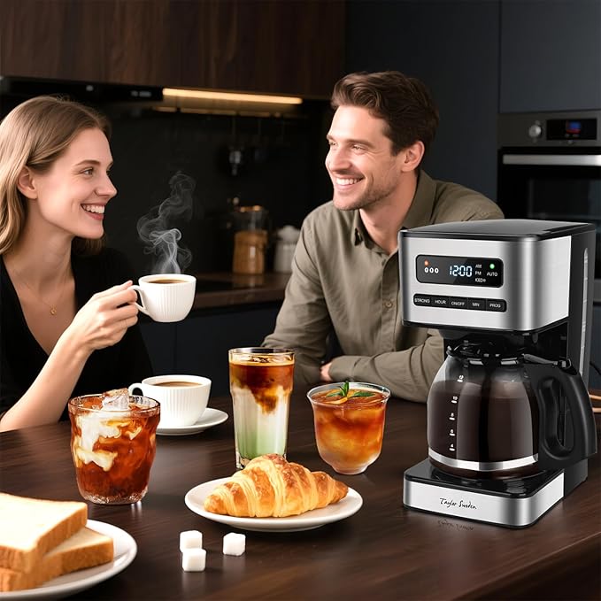 Taylor Swoden Programmable Coffee Makers 12 Cup Hot and Iced Coffee Maker 4 Brew Strength LED Display 24H Timer Keep Warm&ampAuto Shutoff- Drip Coffee Machine for Home/Office Black &ampStainle