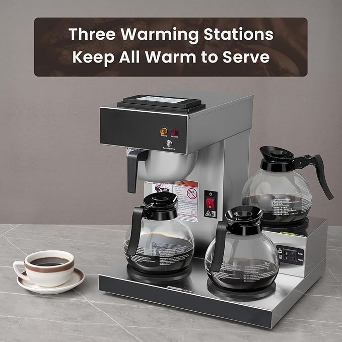 SYBO 12-Cup Commercial Coffee Maker Pour Over Drip Coffee Maker Brewer with 3 Lower Warmers and 3 Glass Decanters Stainless Steel Cafetera