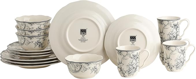 222 Fifth Adelaide 16-Piece Casual Grey Porcelain Dinnerware Set – Service for 4 Classic Toile Bird &amp Floral Design Microwave &amp Dishwasher Safe for Everyday Dining &amp Entertainment