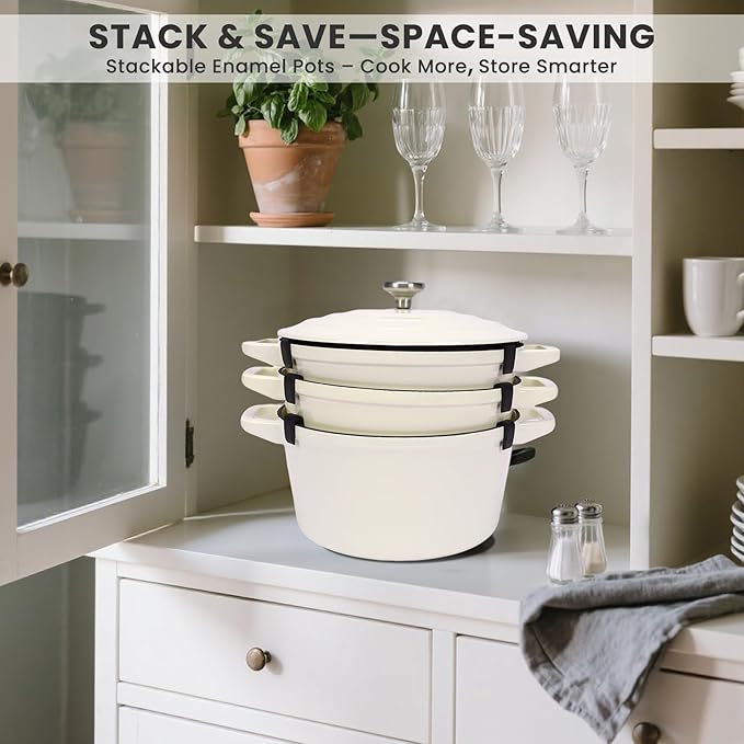 Hisencn Stackable Enamel Cookware Set 5-Piece – 5.2QT Pot with Lid 10-in Skillet 4QT Frying Pan with Universal Glass Lid Space-Saving Design Oven and Stovetop Safe (Up to 500°F) Cream White