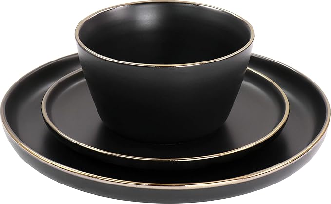 Unknown1 16 Piece Stoneware Dinnerware Set in Matte Black with Gold Rim Solid Modern Contemporary Round Dishwasher Safe