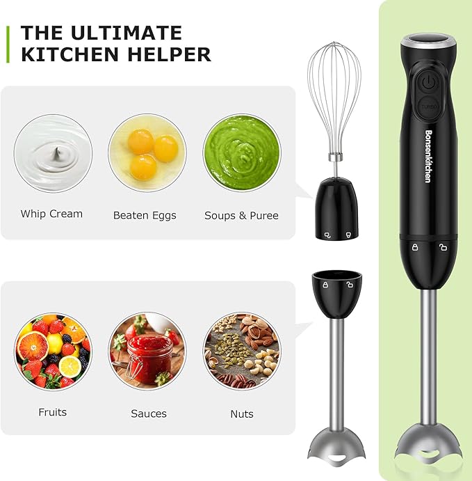 Immersion Hand Blender 12-Speed and Turbo Mode Hand Mixer 3-In-1 Stick Blender with Egg Whisk 24oz Beaker Emulsion Handheld Food Mixer For Smoothies Purée Sauce